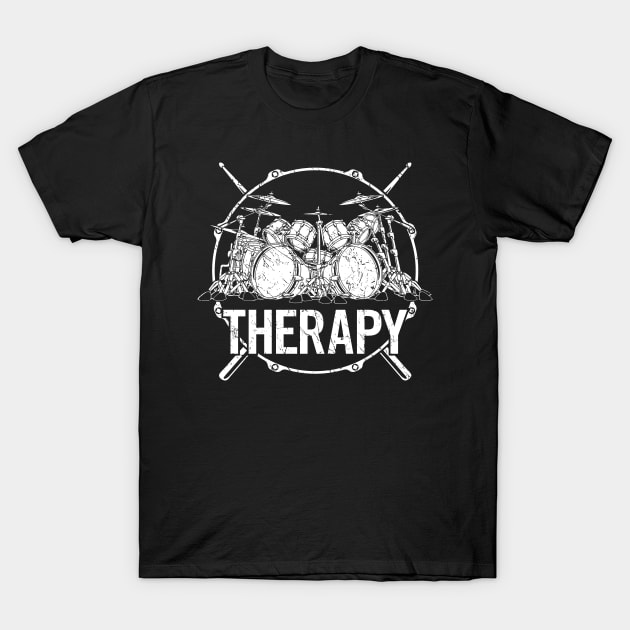 Drummers Therapy Drum Set with Crossed Drum Sticks Cartoon Illustration T-Shirt by hobrath